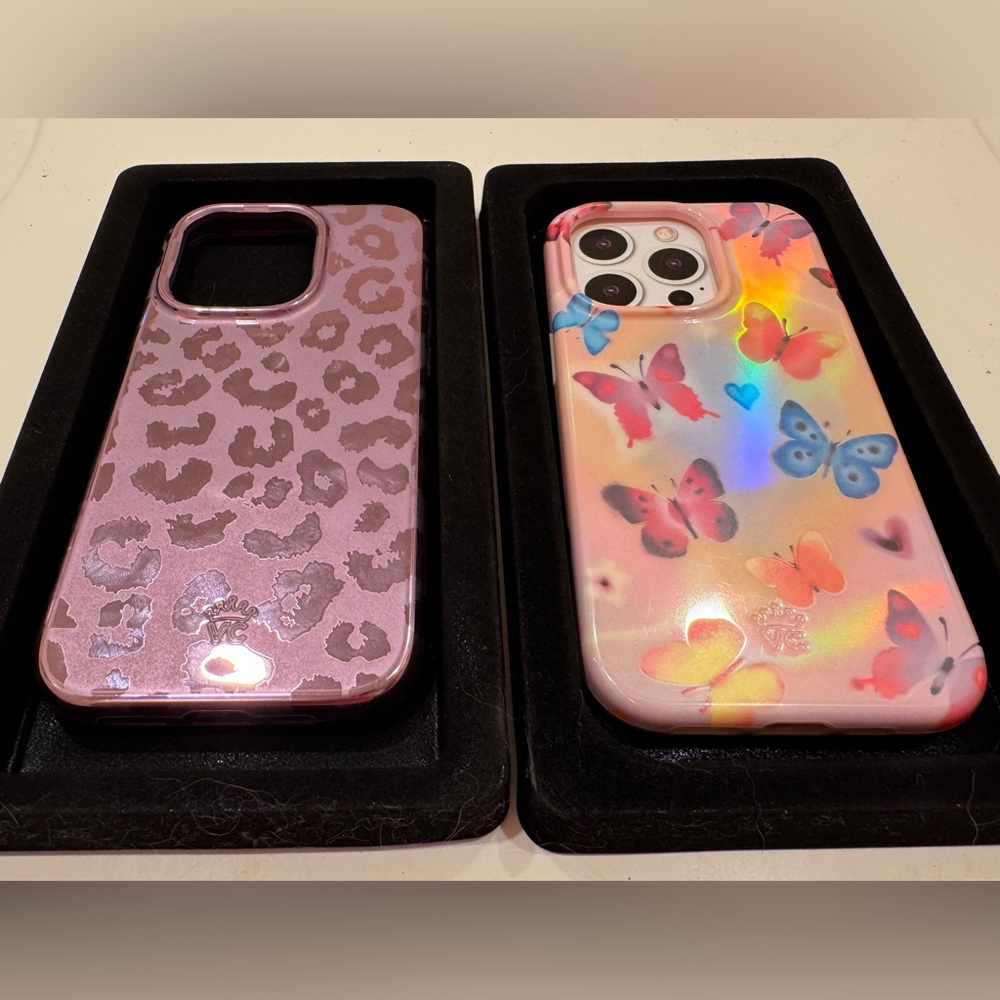 Velvet Caviar Amethyst Leopard and Pink Butterfly iPhone 14 Pro Phone Cases